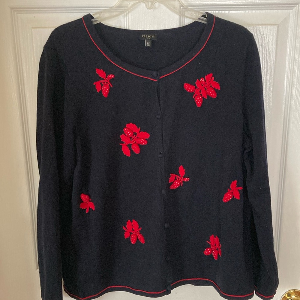 Talbots Woman Strawberry Patch Cardigan | Embroidered Fruit Sweater